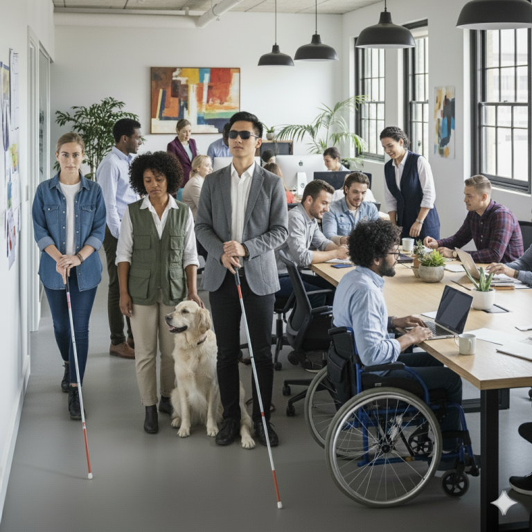 Diverse group of people working in an office, highlighting inclusivity in the workplace.